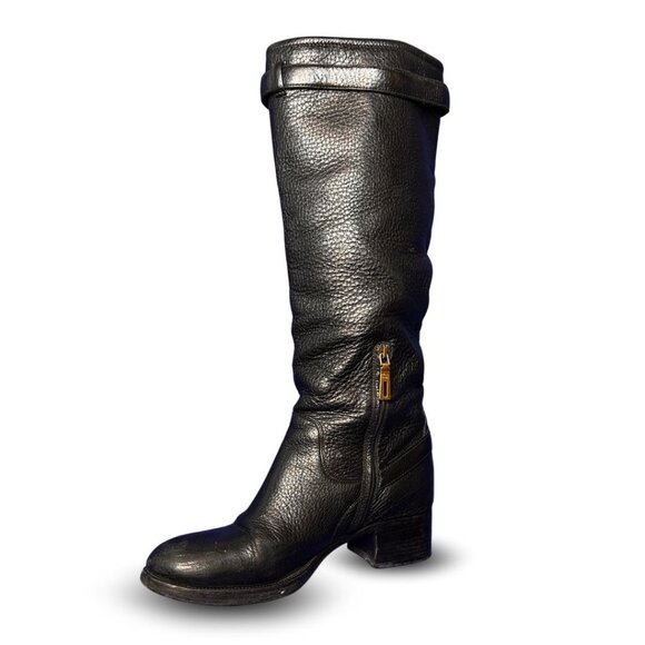 Prada Black Leather Mid-Calf Riding Boots EU 40 / US 9.5 Gold Buckle Detail - Picture 3 of 10